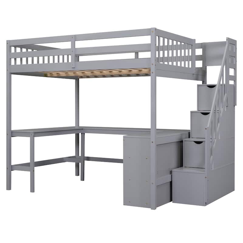 Full Size Pine Wood Loft Bed with L-Shaped Desk and Storage
