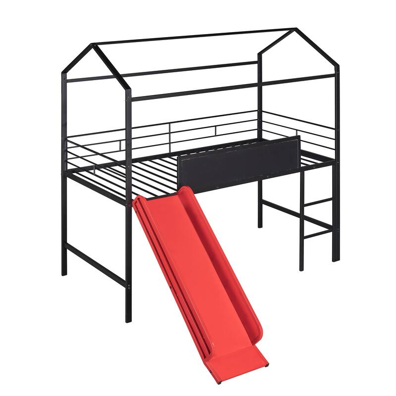 Twin Size Metal Loft Bed with Slide and Writable Wooden Board