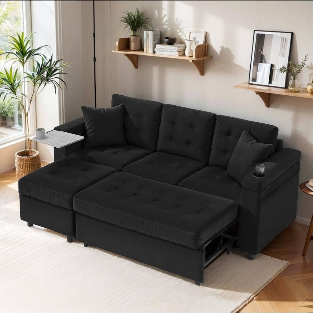 Pocassy 85" Velvet Sofa Bed with Chaise Pull Out Couch for Apartment Living Room