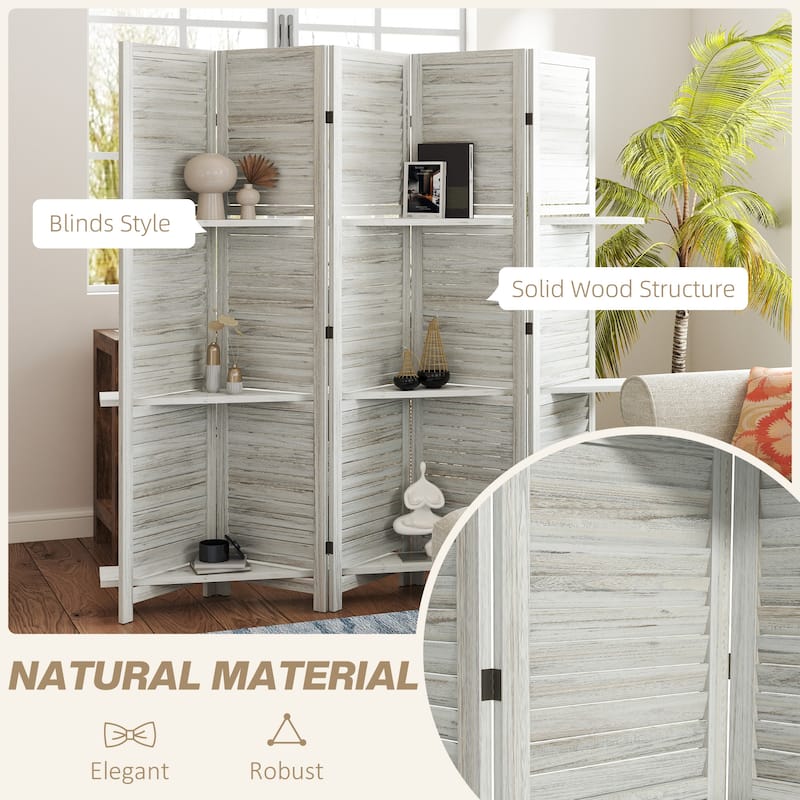HOMCOM 5 Panel 67" Tall Wood Room Divider, Privacy Screen with 3 Display Shelves, and Folding Storage for Bedroom or Home Office