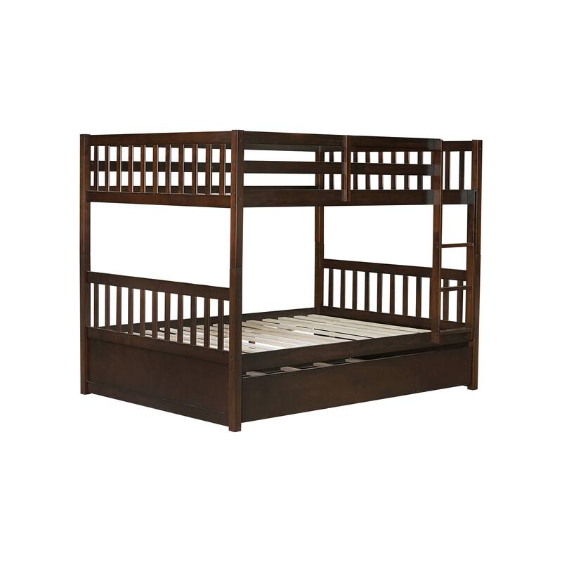 Rubber Wood Full Bunk Bed with Trundle Bed, Convertible Into 2 Separate Beds Frame, Twin over Twin Detachable Bunk Bed Frame