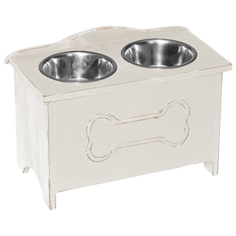 Amish Made Pine Dog Feeder with Storage Chest - Antique White