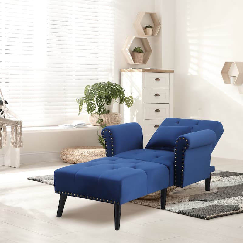 HOMCOM 2-In-1 Chaise Lounge Chair with Thick Padding, Adjustable Backrest, and Wooden Legs - Blue
