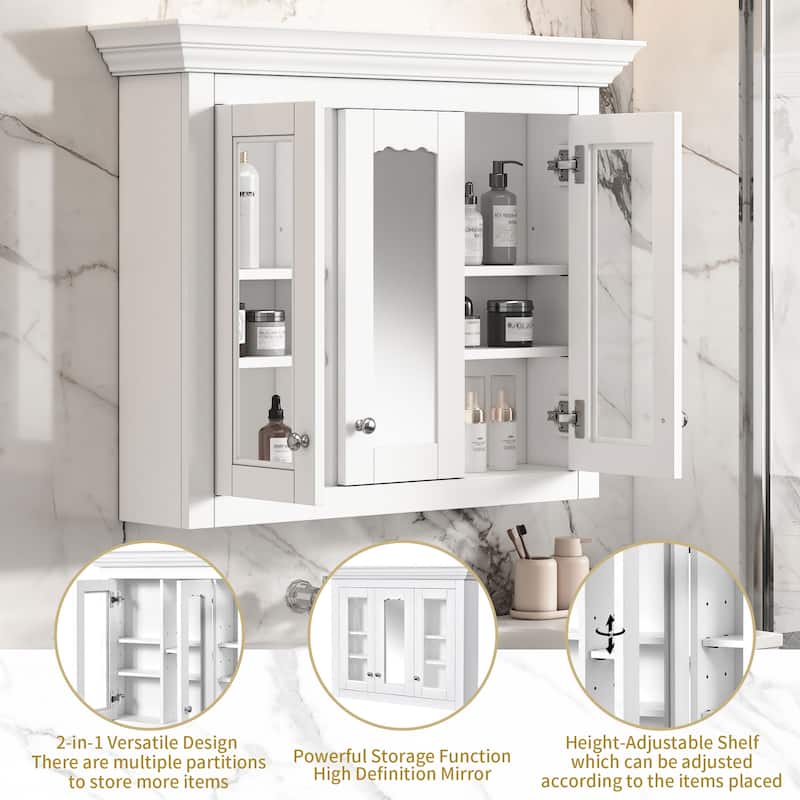 35" Bathroom Medicine Cabinet with Mirror, 5 Closed & Adjustable Shelves, Bathroom Wall Mounted Storage Cabinet with Glass Doors