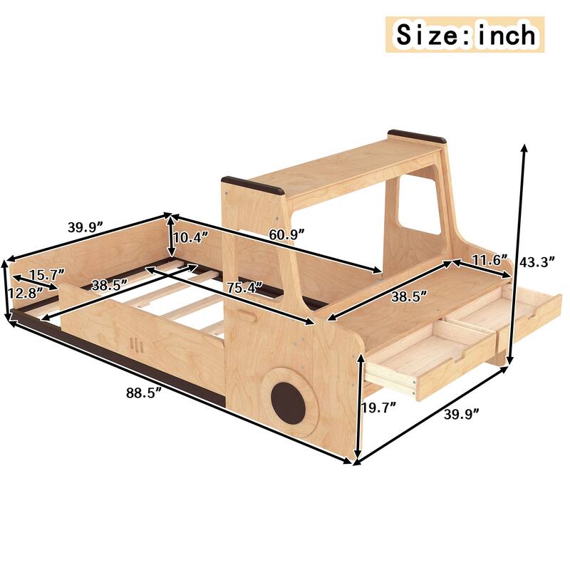 Full/Twin Kids Car Floor Bed with Storage Drawers, Window & Desk - Childlike Design