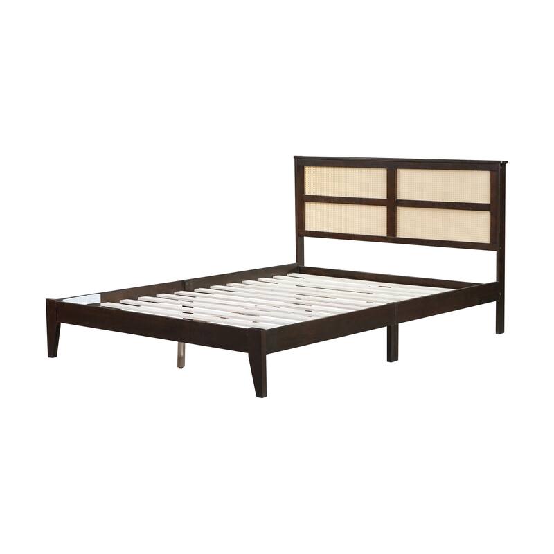 Queen Size Solid Wood Bed with Rattan Headboard, Espresso Finish, Underbed Storage