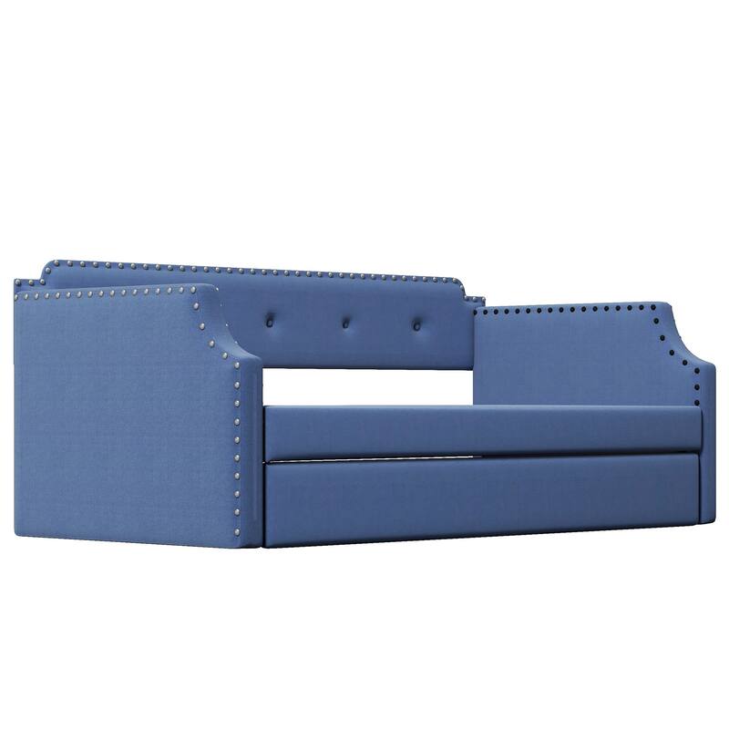 Blue Twin Upholstered Daybed with Trundle, Wood Slat Support, Sofa Bed