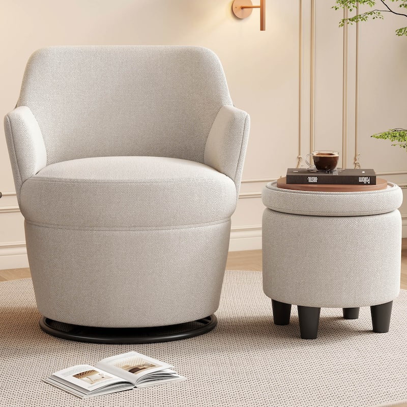 Swivel Accent Chair with Storage Ottoman, Modern Lounge Sofa Chair Barrel Chair Arm Chair with Nail Trim - White