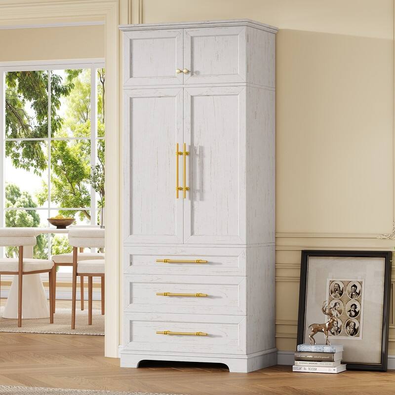 Farmhouse 78.2" Kitchen Pantry Cabinet with 4 Doors, 3 Adjustable Shelves and 3 Drawers - White