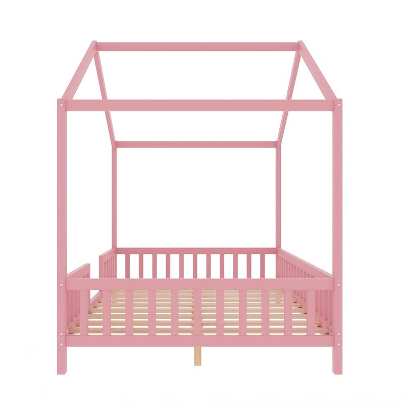 Montessori Floor Bed with Canopy, Full Bed Frame for Kids, House Shape Toddler Bed Frame with High Railings