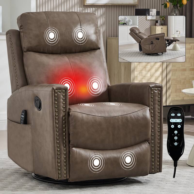 Leather Heat Massage Manual Recliner Chair with Rocker and Swivel for Living Room - Camel+Brown
