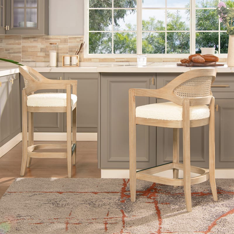 Americana Mid-Century Modern Rattan Cane Back Counter and Bar Stool - Set of 2 - Ivory White Boucle - Counter Height