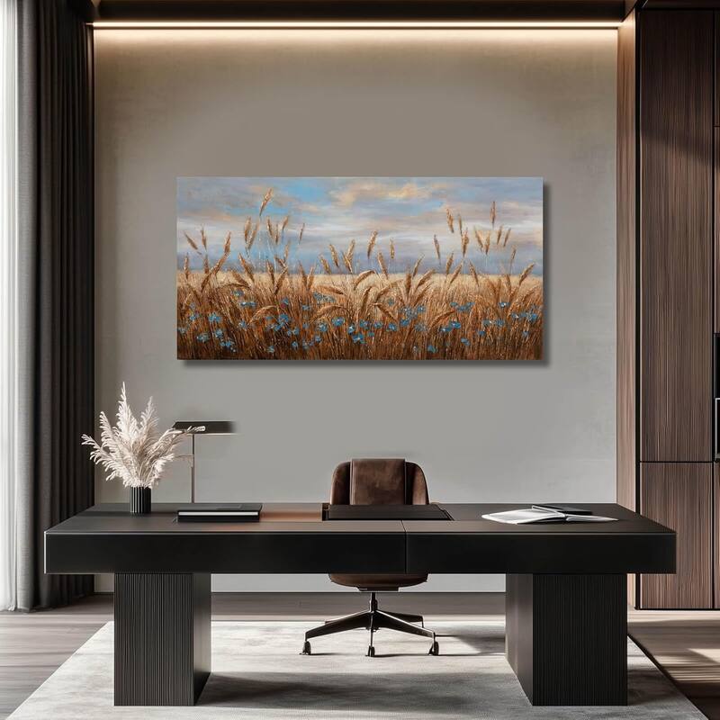 Flowers Wall Art Gold Cornfield Artwork Blue Sky Landscape