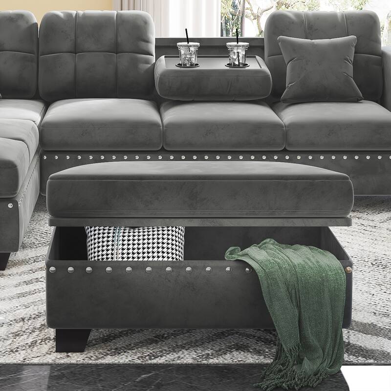 105 inch Reversible Sectional Sofa L shape Couch Space Saving with Storage Ottoman and Cup Holders Design