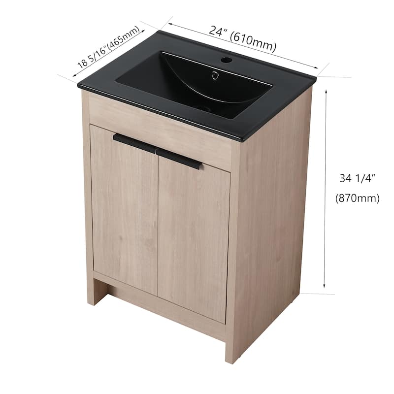 24 Inch Freestanding Bathroom Vanity with Black Ceramic Sink & 2 Soft-Close Cabinet Doors
