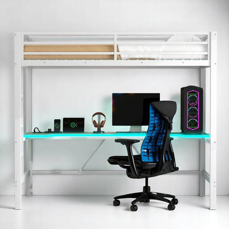 Twin/Full Size Gaming Metal Loft Bed with Desk, Remote LED Light & USB Charging Station - Space-Saving Frame