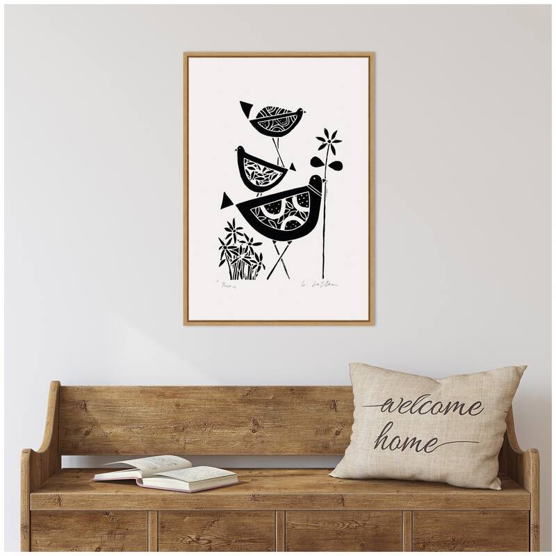 Kate and Laurel Sylvie Folk Bird Family Trio Linocut Framed Canvas by Giuliana Lazzerini