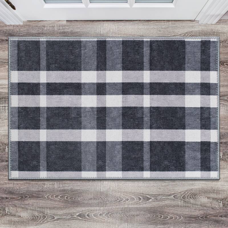 Contemporary Modern Plaid Machine Washable Area Rug