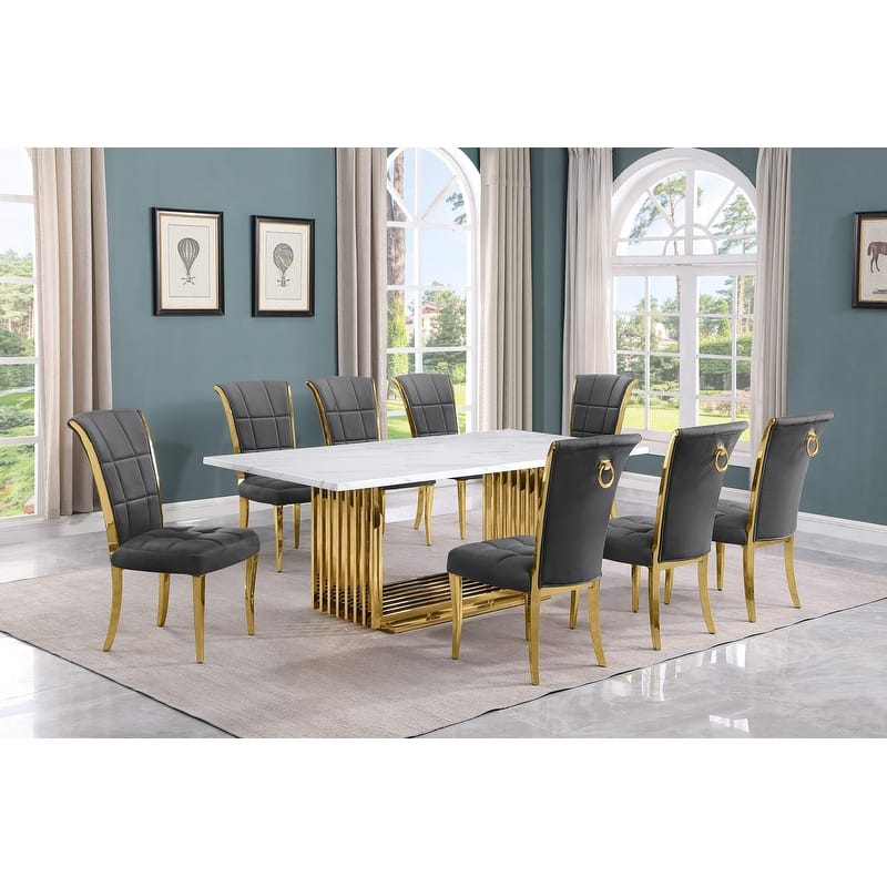 Best Quality Furniture D312/3-SC320-7 Dining Set with 79" White Marble Top - 9-Piece - Dark Grey / Gold