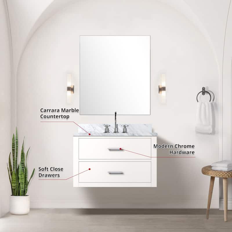 Castor Bath Vanity with Carrara Marble Top, Sink, Mirror and Faucet