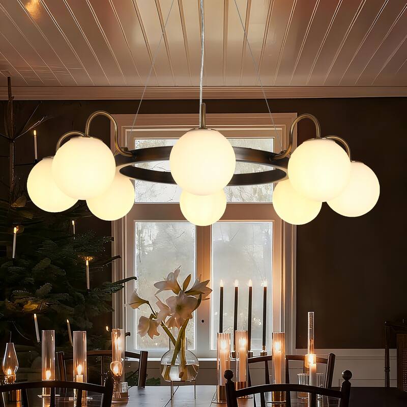 Aladari Mid-Century Modern 8-Light Wheel Chandelier Opal Glass Ring Light - Black&Brass - 34.2"D*68"H