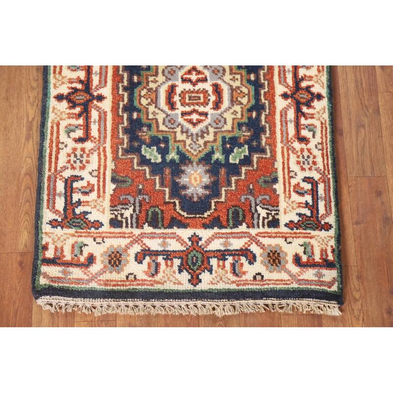 Hand Knotted Oriental 100% Wool Carpet Traditional Medallion Navy Blue & Blues Heriz (serapi) Area Rug - 3' 0'' X 2' 0''