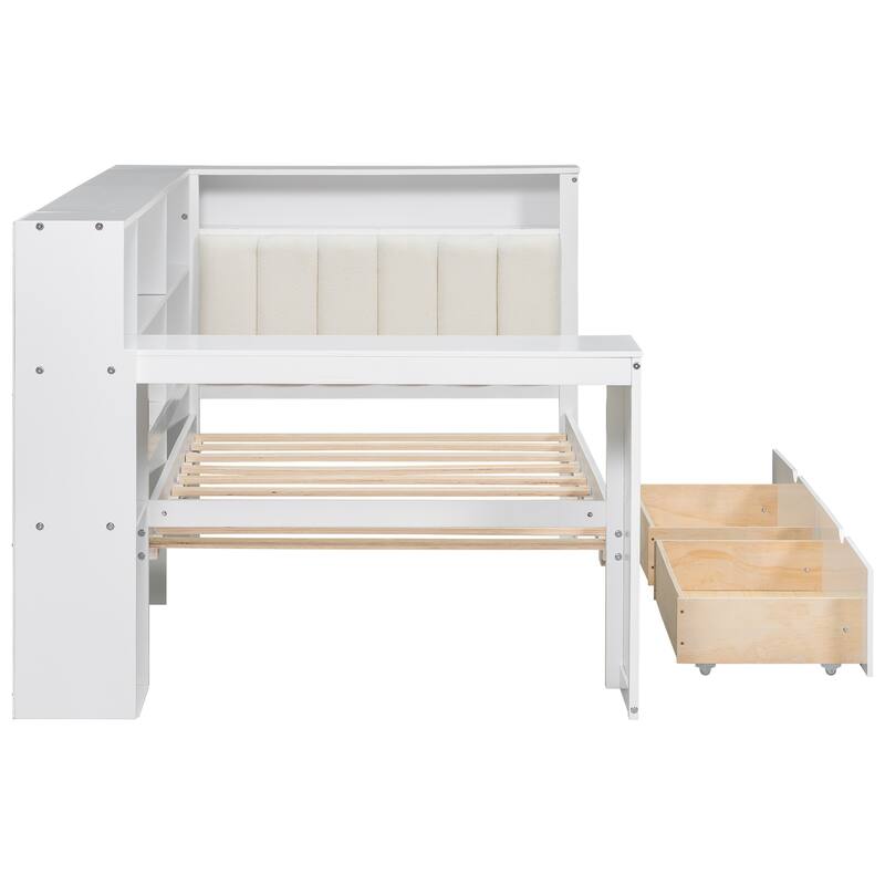 Roomfitters Wood Twin Platform Bed with Storage Shelves, Desk, Drawers and Charging Station, Upholstered Headboard, White