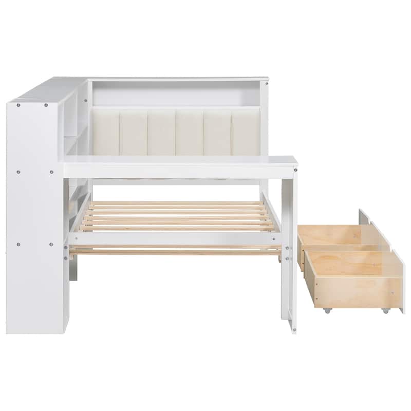 Twin / Full Wood Platform Bed with Storage Shelves Drawers LED Light Desk and Upholstered Headboard