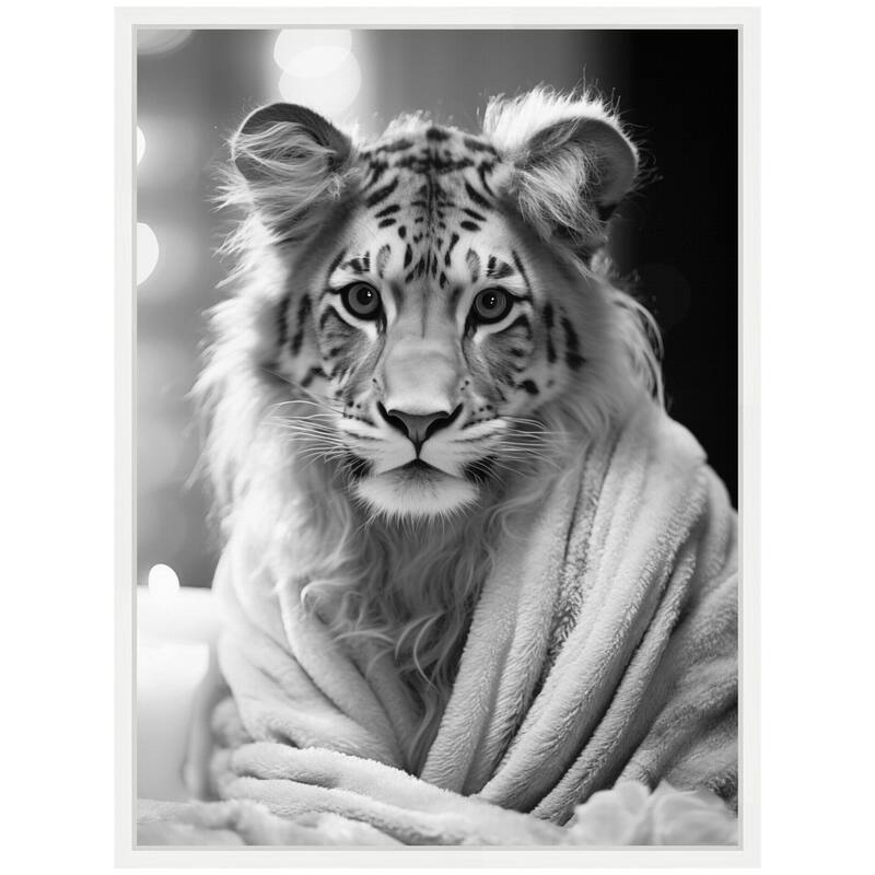 Kate and Laurel Sylvie Tiger Glam Bathroom Towel Robe Black and White Framed Canvas by The Creative Bunch Studio