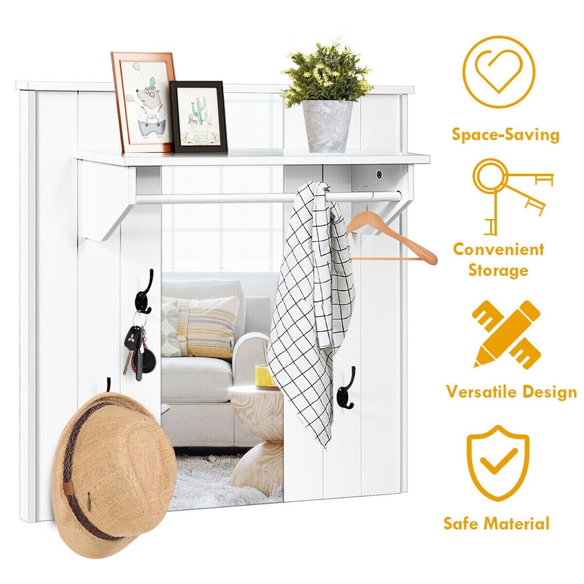 Wall Mounted Mirror Coat Hat Rack Storage Shelf with Hooks And