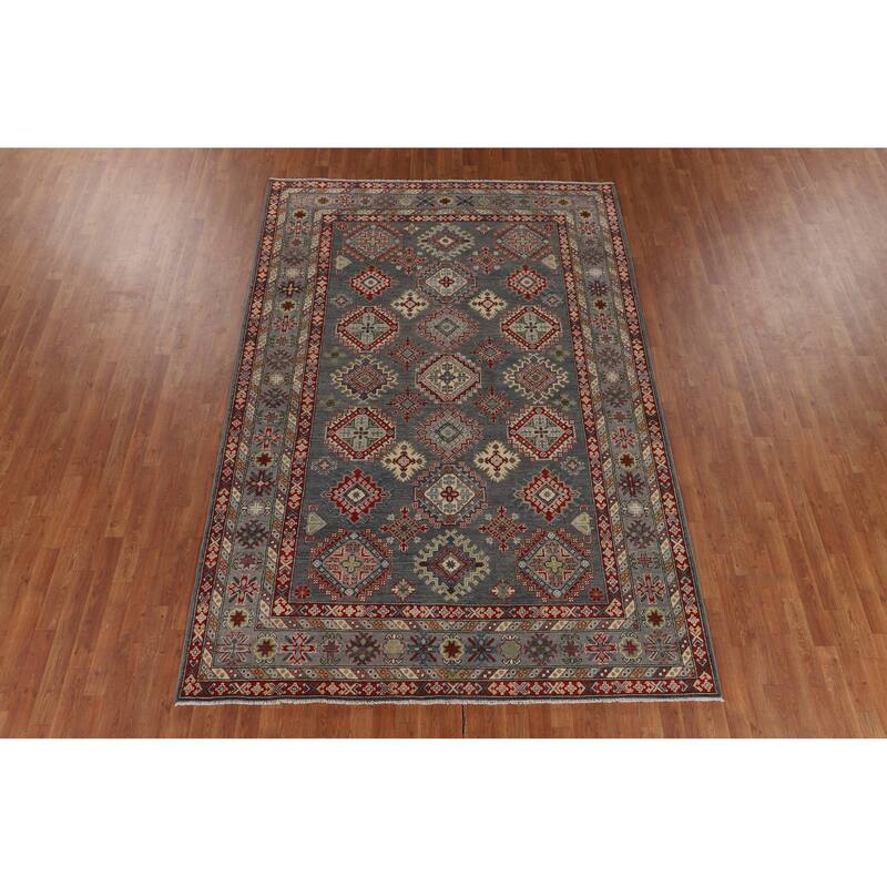 Oriental Geometric Kazak Area Rug Hand-Knotted Wool Carpet - 6'10" x 9'11"
