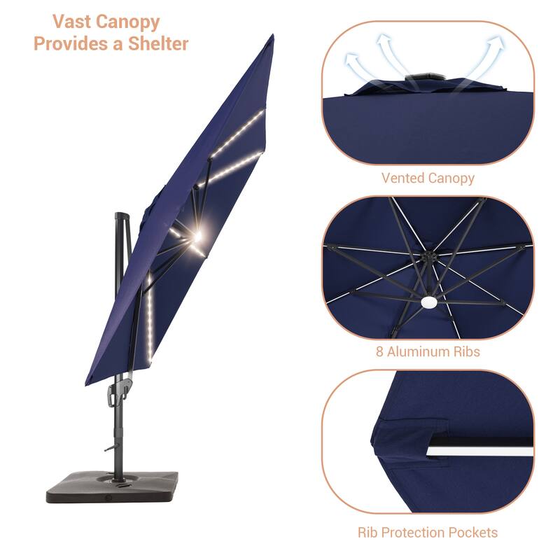 LIVOOSUN Patio10x10FT LED Aluminum Cantilever Umbrella Solution-Dyed Fabric w/Base