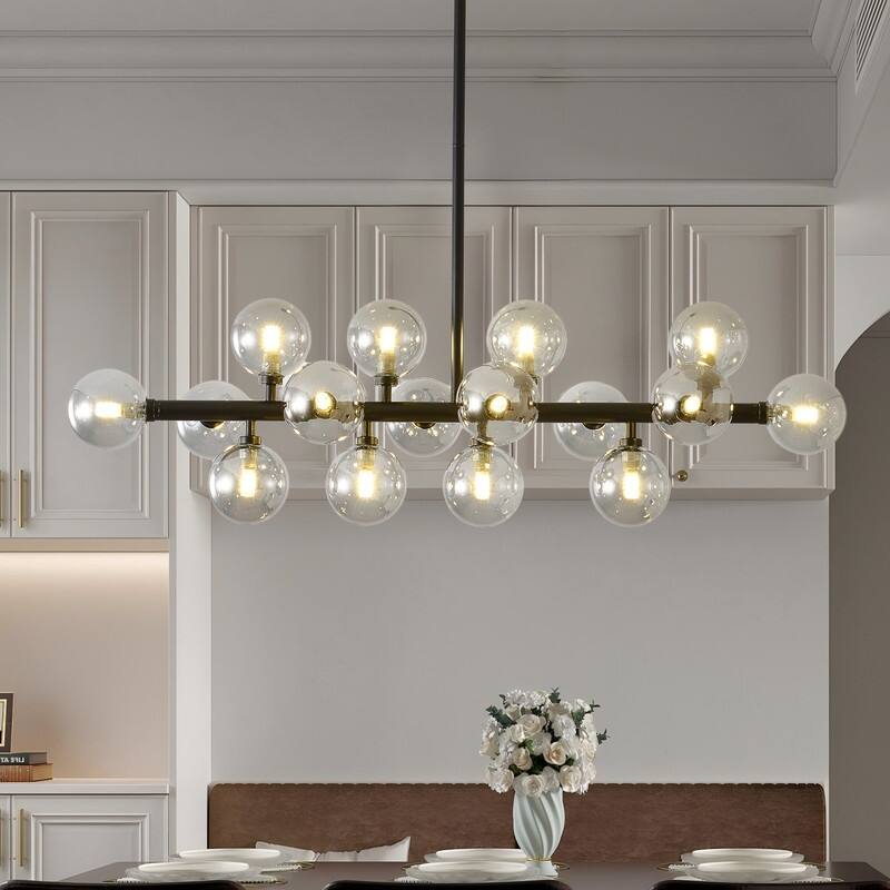 Mid-Century Modern Sputnik Chandelier 16-Light Adjustable Brass Pendant with Glass Globes for Dining Rooms - 34.7in - Grey/Black