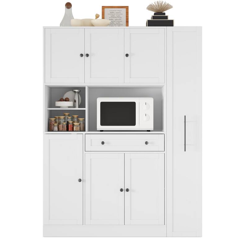 Roomfitters Large Kitchen Pantry Cabinet with Pull-Out Side Storage and Hutch, Shaker Style Buffet