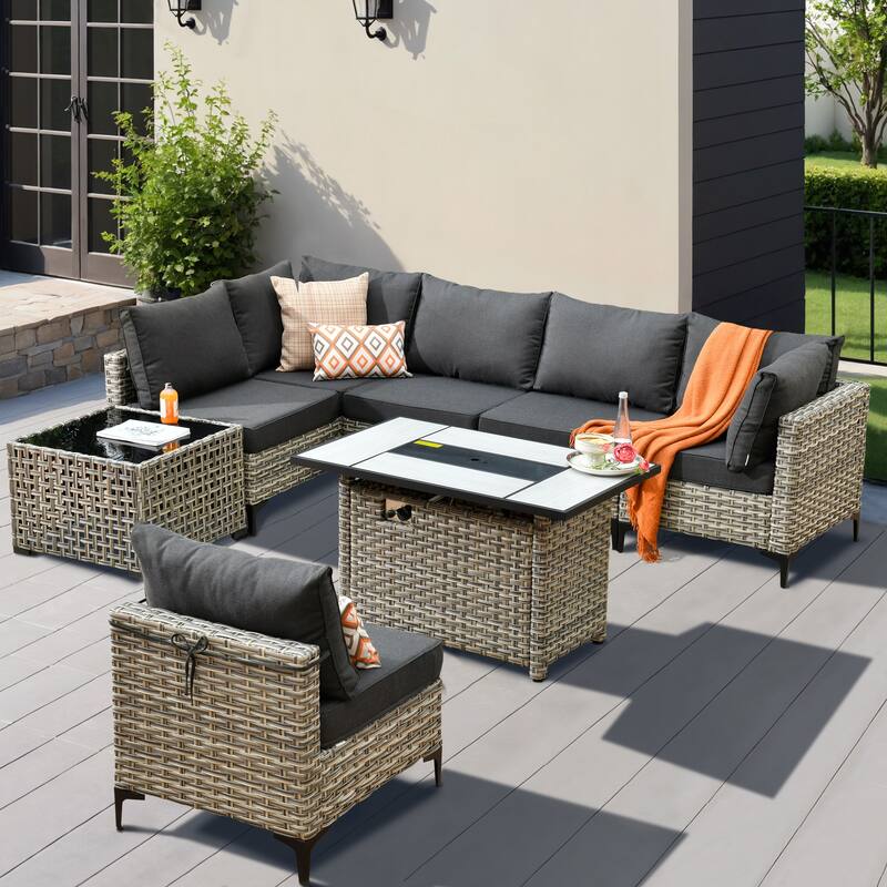 XIZZI 8-Piece Outdoor Wicker Furniture Sectional Set with Firepit - Black