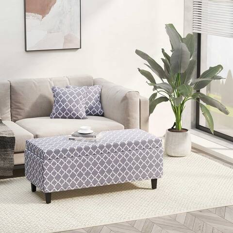 HOMCOM Large 42" Tufted Linen Fabric Upholstery Storage Bench Ottoman with lift-top- Grey Lattice
