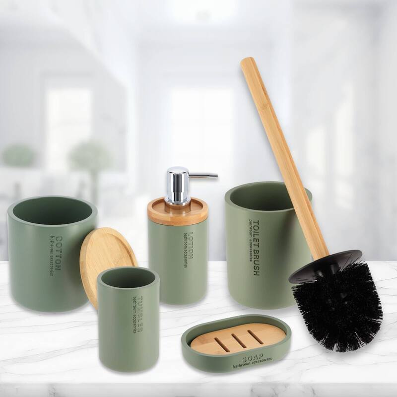 Bathroom Essentials Set Natural Bamboo Bath Set Accessories 5 pieces - Green