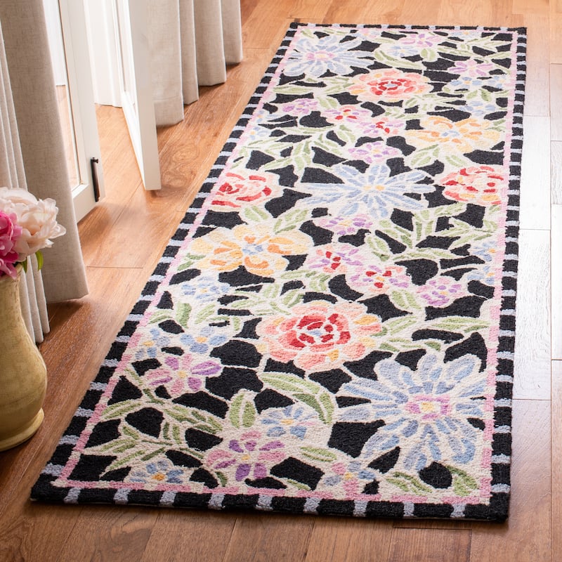 SAFAVIEH Handmade Chelsea Sprig French Country Floral Wool Rug - 2'6" x 10' Runner - Black