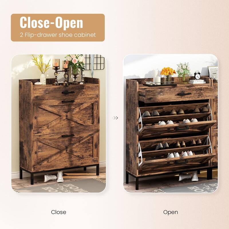 Mieres Rustic Brown Wooden 12 Pair Shoe Storage Cabinet with Flip Drawer, Entryway Organizer - 2-Tier