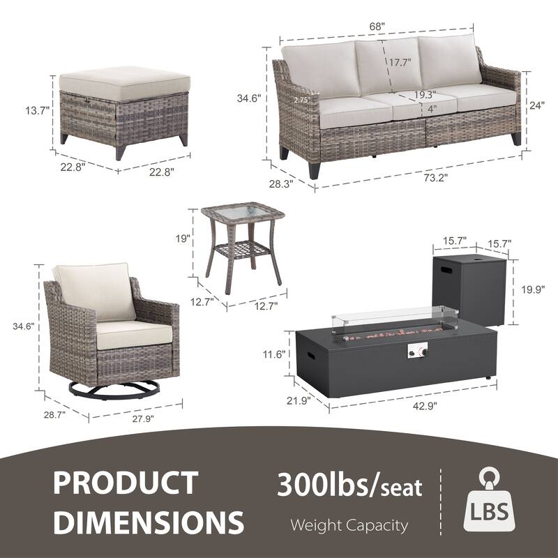 Glissia 7-Piece Gray Wicker Fire Pit Conversation Set with Modern Steel Fire Pit