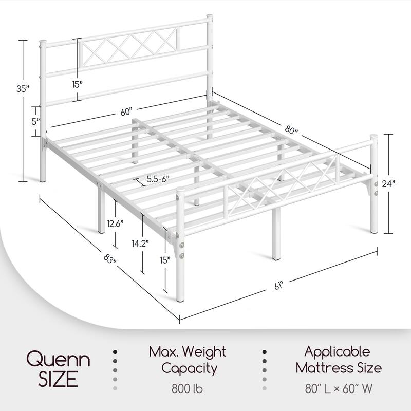 Yaheetech Metal Bed Frame Mattress Foundation with Slatted Bed Base, White