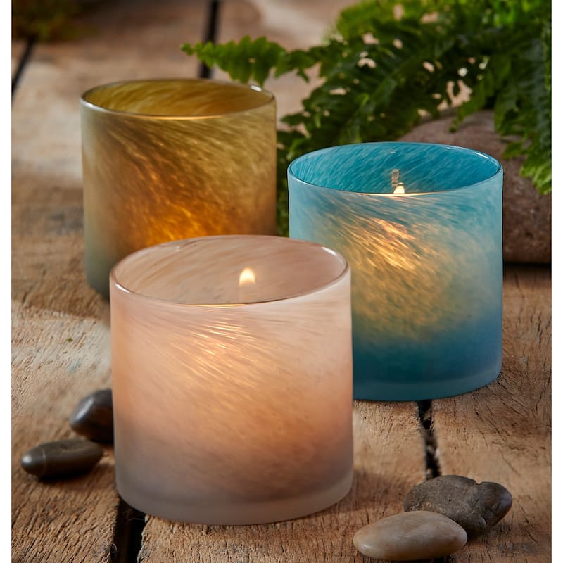 Blasted Blue Glass Candleholder for Pillar Candles 4 in H x 4 in Dia Perfect for Summer Decor