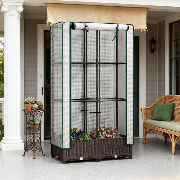GDFStudio - Outdoor Garden Bed with Trellis, Protective Cover