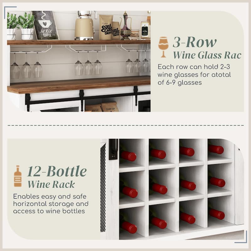 Farmhouse Coffee Bar Cabinet with LED Lights Wine Rack Glass Holders and Sliding Barn Doors - 55.1" W x 15.7" D x 44.1" H
