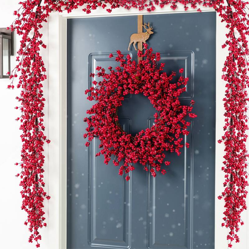 Glitzhome Christmas Greenery PE Dripping Pine Porch Tree with Pinecones and Red Berries