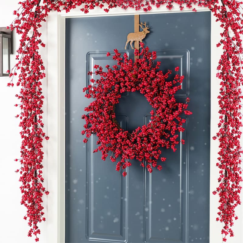 Glitzhome Christmas Red Berries 14"D/ 25"D Wreath & 6ft Garland