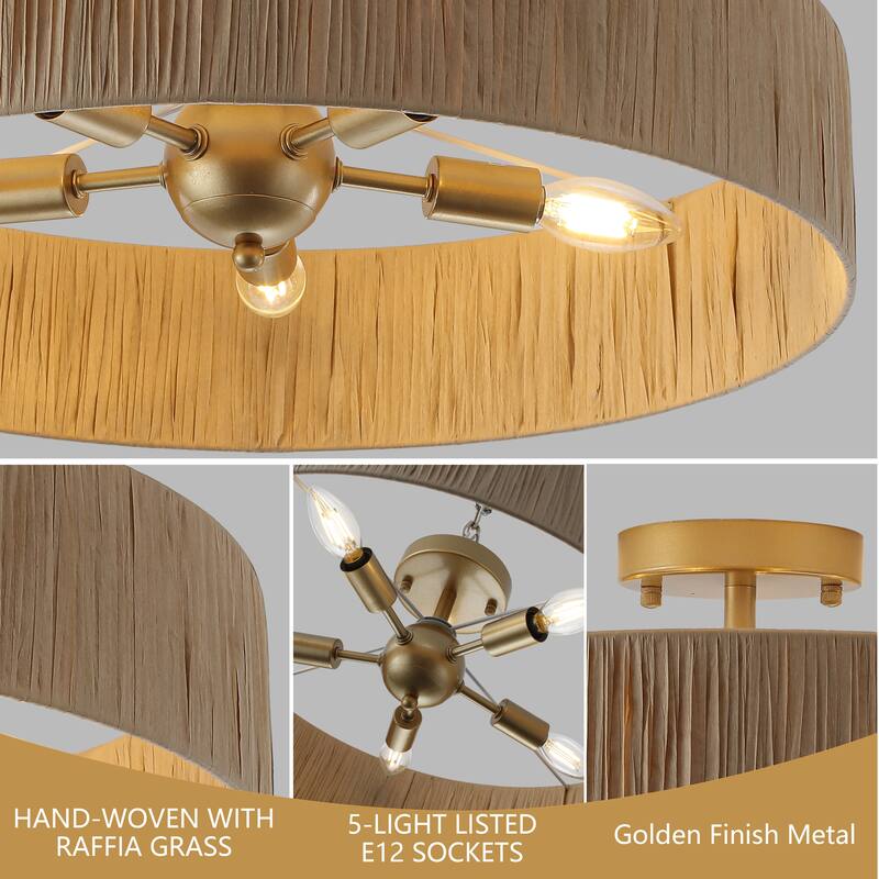 5-Light Natural Raffia Semi Flush Mount Ceiling Light- Farmhouse Rustic - 21.65"x21.65"x7.2"