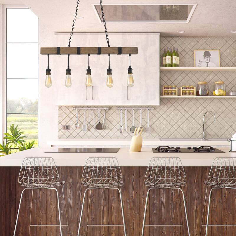 Farmhouse 5-Light Handcrafted Wood Metal Linear Pendant for Kitchen Island - L35.4" x W2.4" x H14"