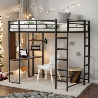 Twin Metal Loft Bed with 2 Shelves, 2 built-in ladders and Desk, Black
