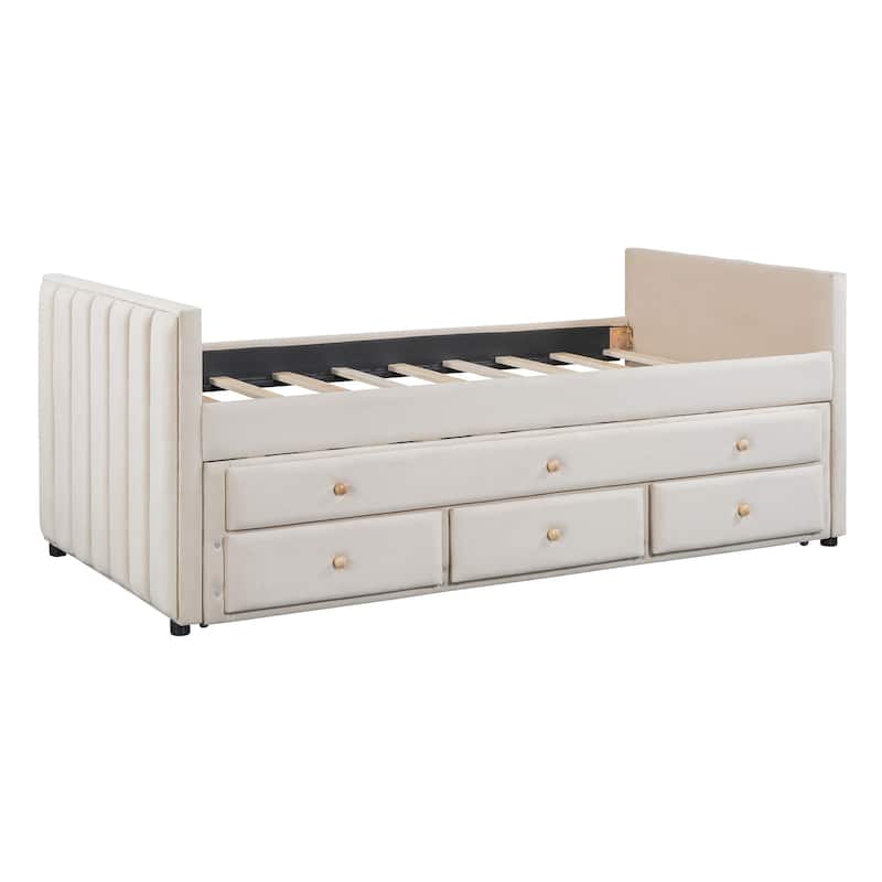 HomeRoots Beige Tufted Velvet Upholstered Twin Day Bed With Trundle And Drawers